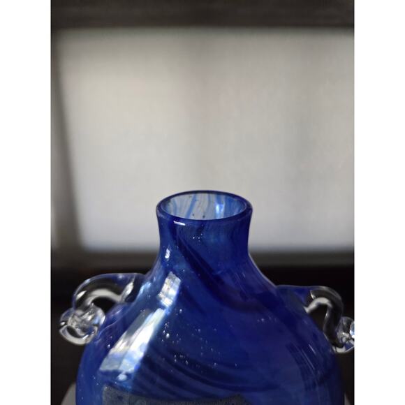 1994 Signed Blue Art Glass Vase 5.5" Cape Cod Studio Silver Foil Accent Signed - Picture 4 of 10